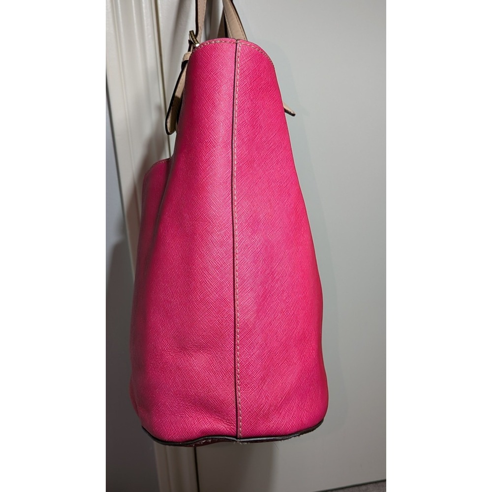 Michael Kors Tote Bag Hot Pink Tan Coated Canvas Leather Handles Jet Set Purse - Picture 5 of 16